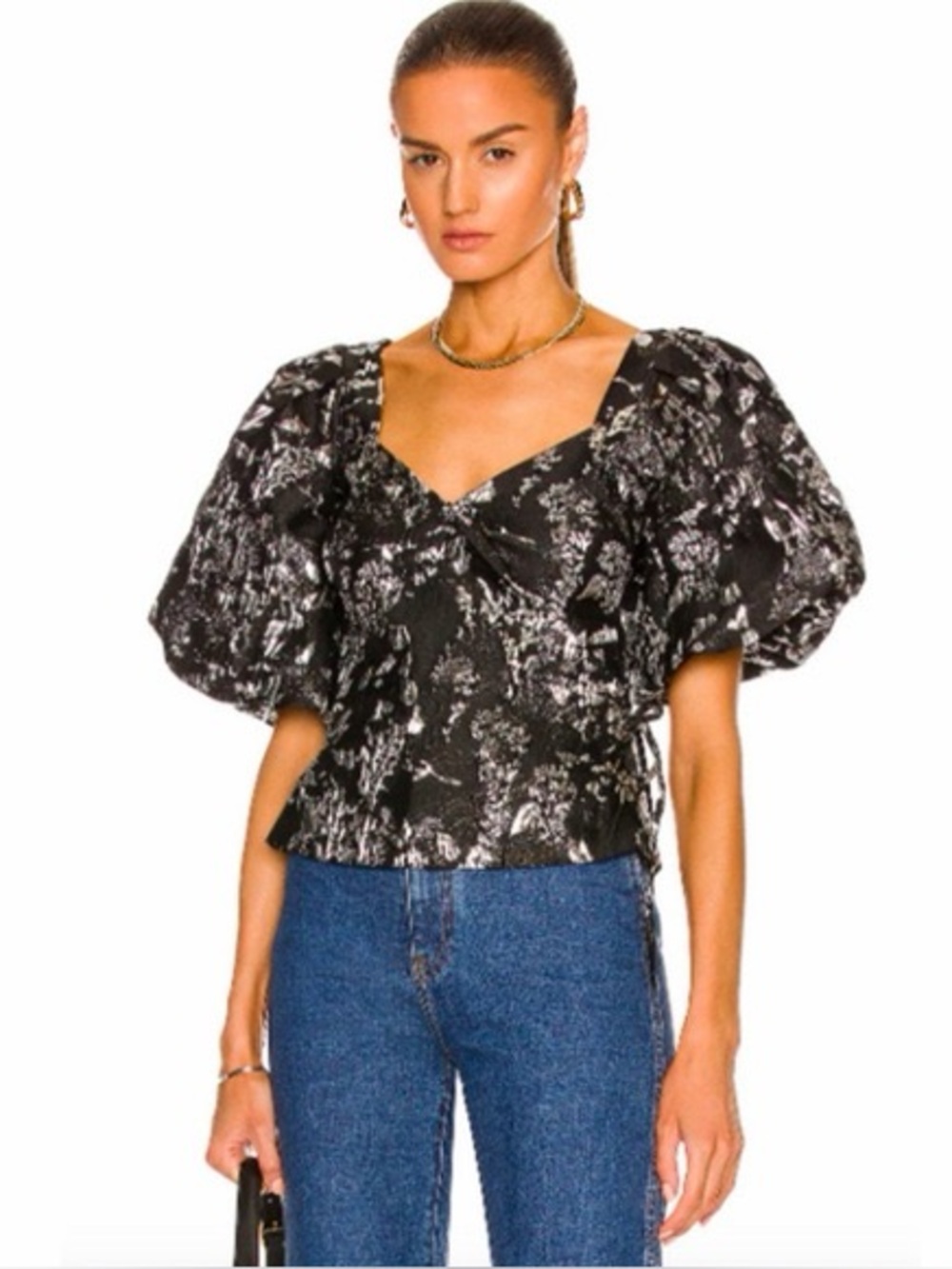 JONATHAN SIMKHAI Taylor Black and White Floral Puff-Sleeve Top (107)